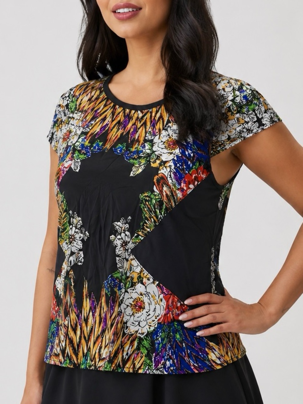 Nicole by Nicole Miller Satin Floral Zipper Back Top Womens Size Large Colorful